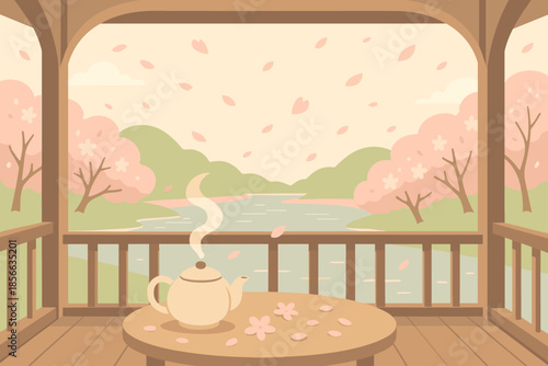 View of a teapot and a river with cherry blossom trees in spring during daytime