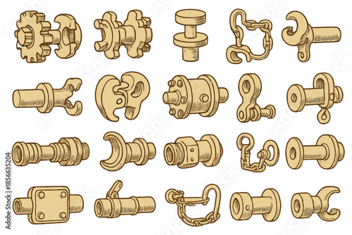 Collection of various mechanical parts and accessories arranged on a light background showing different designs and functions