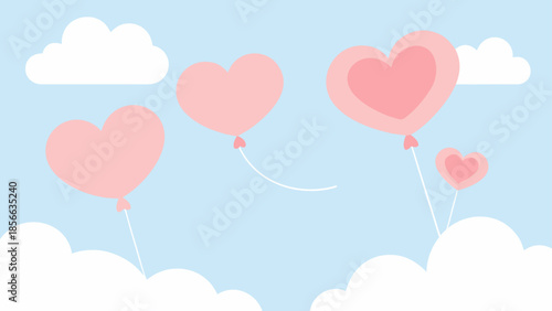 Happy Minimalist Pink Heart Balloons Floating in a Gentle Blue Sky