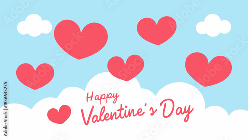 Happy Valentine's Day Minimalist Illustration with Hearts and Clouds