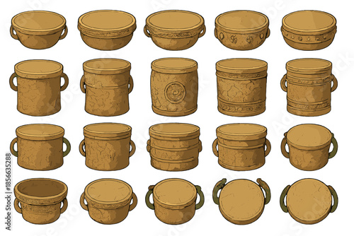 Collection of clay pots displayed on a white background during a craft exhibition showcasing traditional pottery techniques
