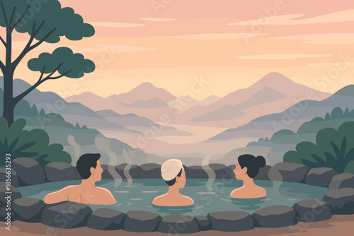 Three people enjoy a hot spring bath with mountains and a sunset in the background