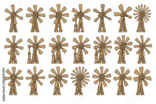 Collection of windmill models arranged in rows on a white background for display purposes
