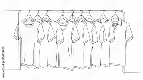 Row of T-shirts hanging on a clothing rack.