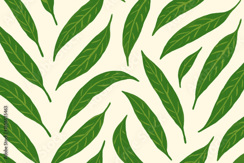 Pattern of green leaves on light background with varied arrangements and directions under bright lighting conditions