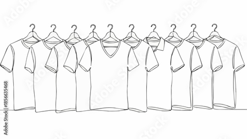 Row of T-shirts hanging on hangers in a line.
