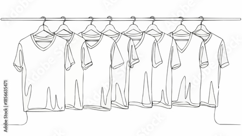 Row of white t-shirts hanging on a clothes rack.