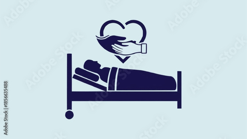 Patient receiving care in hospital bed with heart symbol.