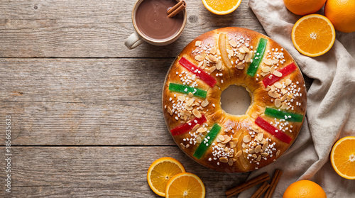 Delicious Roscon de Reyes, a traditional Spanish and Latin American sweet bread, adorned with candied fruit, almonds, and sugar. For Epiphany celebrations.