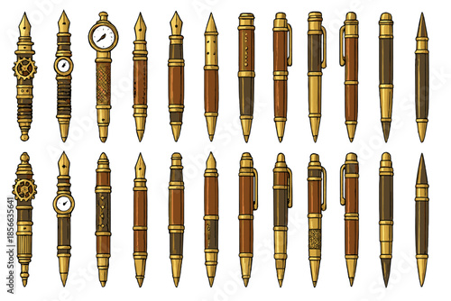 Collection of various pens arranged in rows with different designs and styles on a plain background showcasing their unique features
