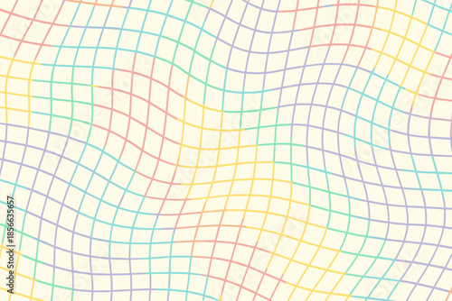 Colorful grid pattern with curves and lines in a wavy design on a light background