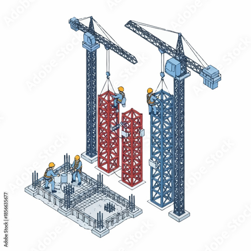 Isometric construction site with cranes and workers building a foundation.
