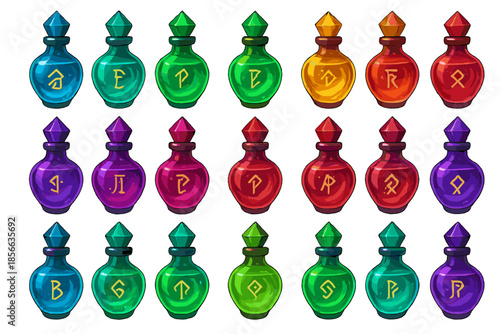 Collection of colorful potion bottles with different symbols on display in a fantasy setting