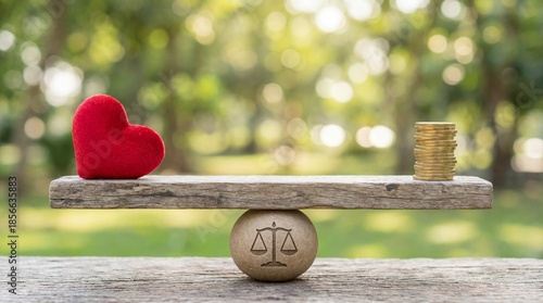Red heart and gold coins balanced on a wooden scale in a serene outdoor setting