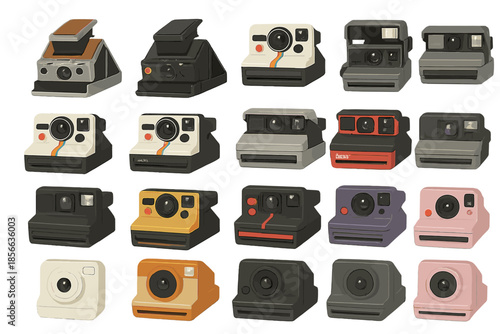Different types of instant cameras displayed in a grid format for review and comparison by photography enthusiasts