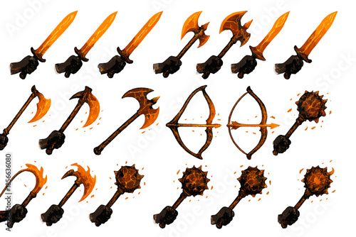 Various weapon designs featuring swords, axes, bows, and maces in a simple style for game concept art