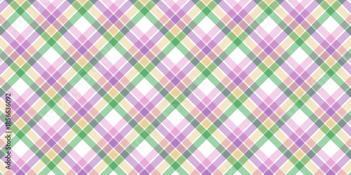 Seamless diagonal plaid pattern in pastel purple, green, and yellow. Elegant spring gingham background for textile, wrapping paper, and digital wallpaper. Classic checkered fabric design.