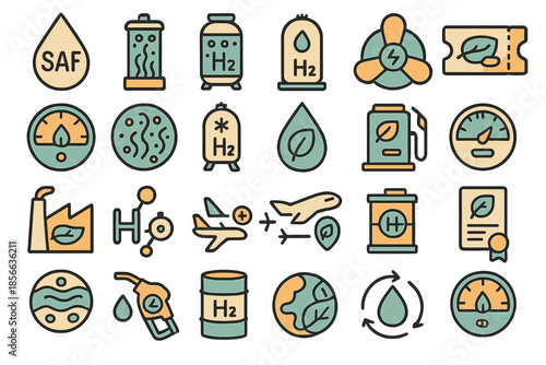 Different forms of sustainable energy and fuels used in transport and industry in a creative style