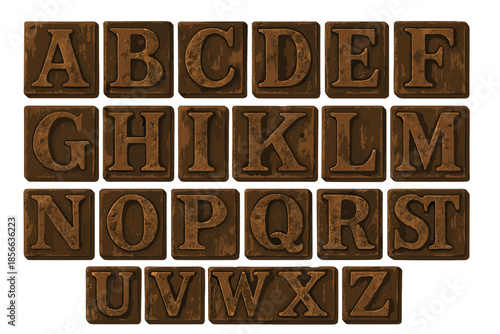 Wooden letter blocks arranged in alphabet order on a white background showing uppercase letters from A to Z