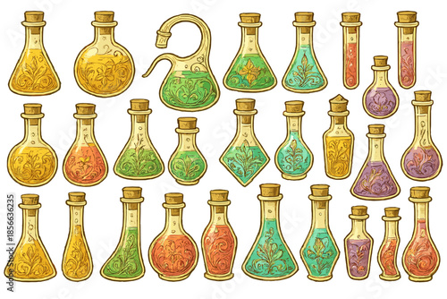 Collection of colorful glass bottles filled with various liquids arranged on a plain background