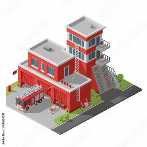 Isometric Fire Station Building with Fire Truck and Watchtower.