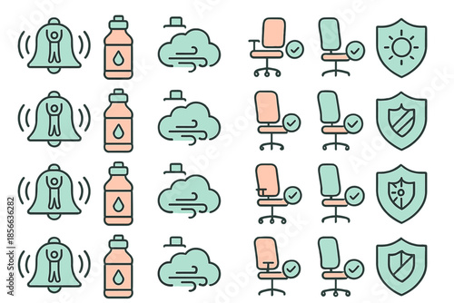 Symbols showing notifications, hydration, weather, and safety in a simple graphic layout during daytime hours
