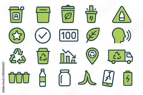 Various icons representing recycling, sustainability, and environmental awareness in a simple design format