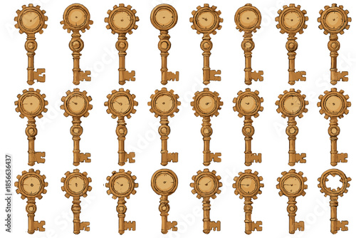 Collection of keys with round tops and gear designs displayed in a pattern on a white background
