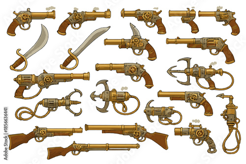Collection of steampunk weapons with various designs and styles shown against a neutral background