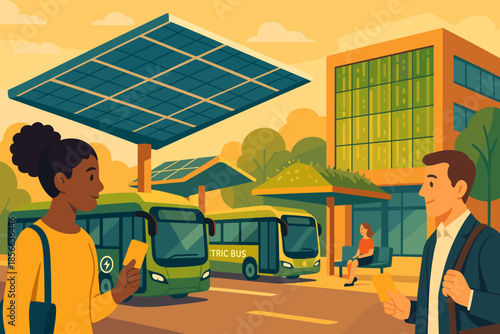 People waiting at a bus station with electric buses and solar panels in the background during evening hours in a city environment