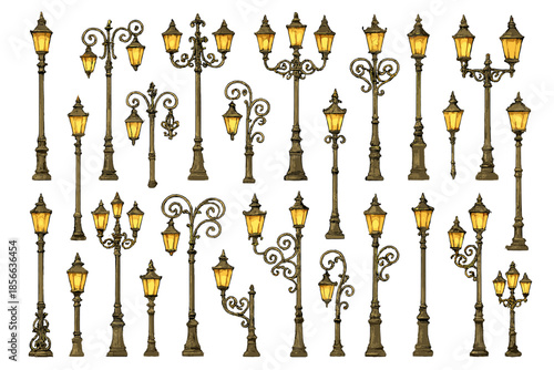 Different styles of street lamps displayed with glowing lights in a variety of designs