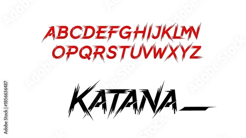 A stylized katana font with red and black letters on a white background isolated on white background