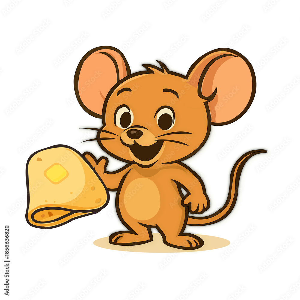 Fototapeta premium Cute cartoon mouse mascot holding a traditional buttered roti 