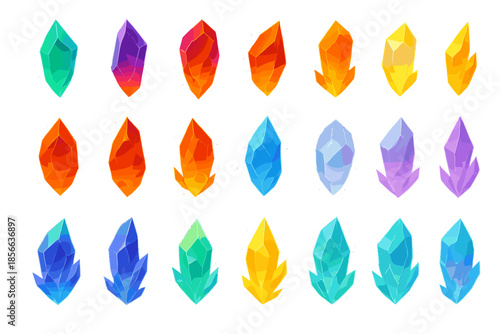 Colorful crystals arranged in rows with various shapes and shades in a digital art style