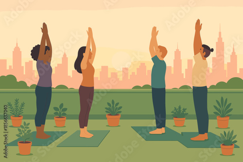 Group of people practicing yoga on a terrace with city skyline in the background during sunset