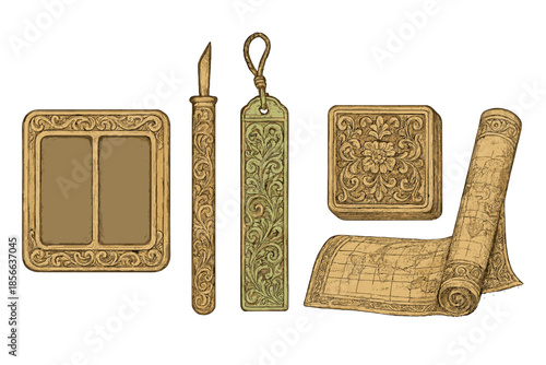 Unique collection of historical writing tools and map artifacts on a plain background for educational use