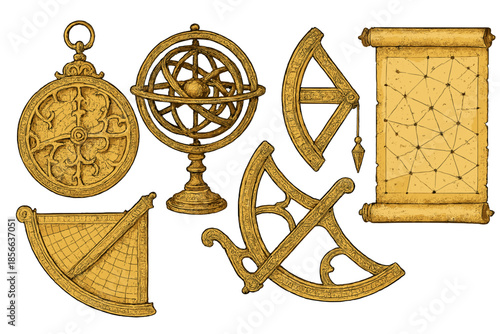 Historical tools for astronomy and navigation from different cultures displayed on a plain surface
