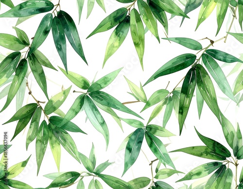 A vibrant watercolor pattern depicts fresh green bamboo leaves on delicate branches scattered against a pristine white background