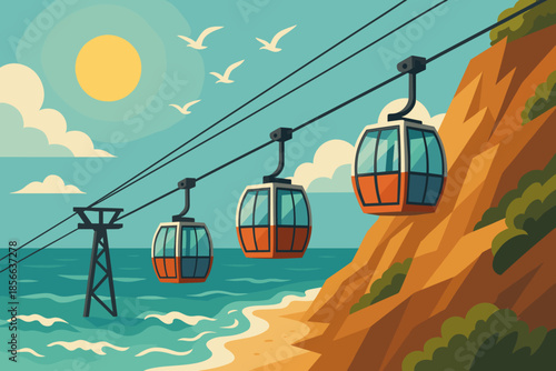 Seaside gondola ride over cliffs during sunny day with ocean view and birds flying