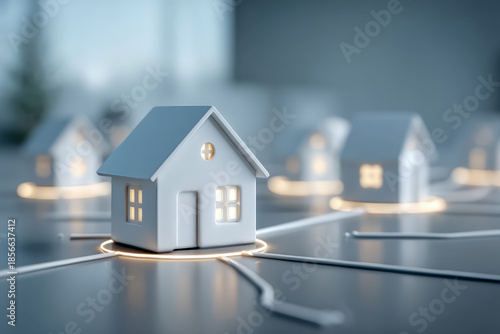 3D Smart Grid Network with Rounded House Icons Connected to Central Solar Energy Node