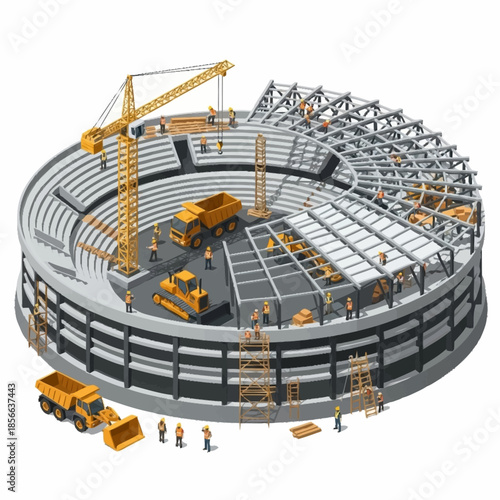Isometric illustration of a large stadium under construction with heavy machinery and workers.