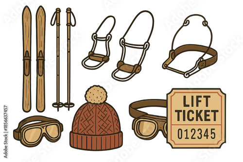 Winter sports equipment and lift ticket displayed together with ski gear items for skiing enthusiasts and outdoor activities enthusiasts
