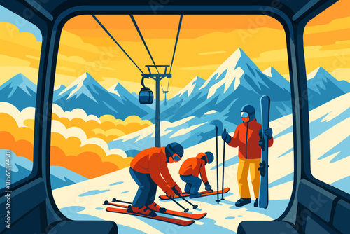 Skiers preparing for the slope from a cable car ride in a mountain landscape during sunset with orange and yellow sky