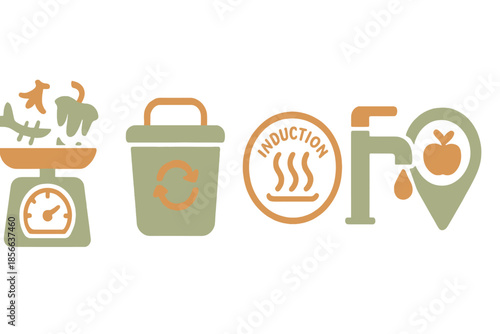 Symbols showing food waste management, recycling, cooking method and water conservation in a simple design