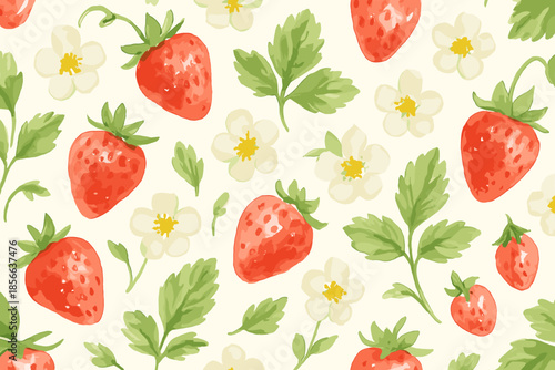 Strawberries and flowers arranged in a pattern on a light background showing nature's colors