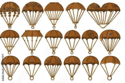 Multiple brass parachute designs displayed on a white background for creative projects and crafts