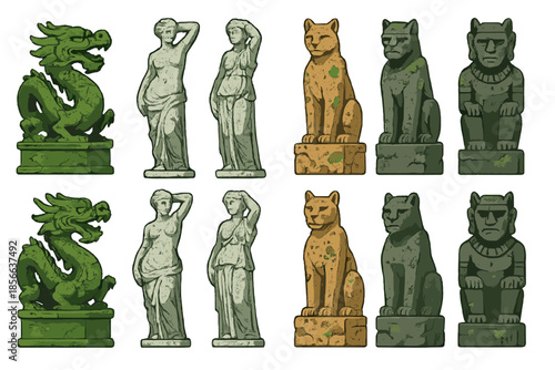 Set of sculptures showing various designs including dragons, animals, and figures in a simple style