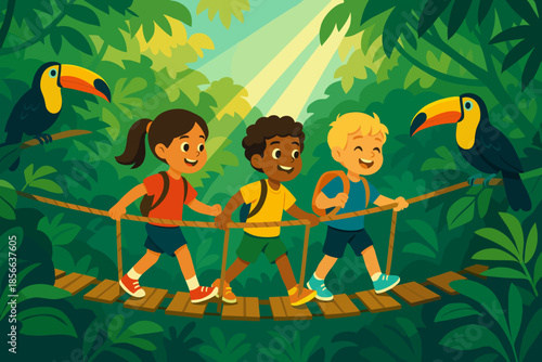 Children walk on rope bridge in jungle with toucans during bright day