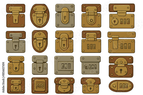 Various types of locks displayed on a white background in a collection showing different styles and shapes of locking mechanisms