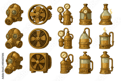 Collection of steam punk gears and tools showing gas masks, fans, gauges, and brewing equipment in a creative assembly